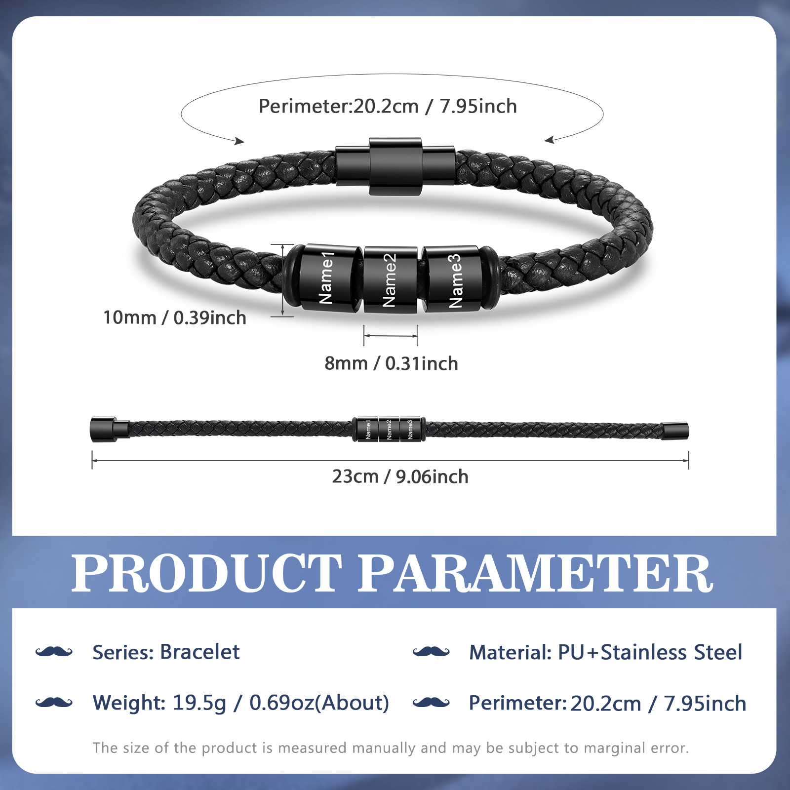 Custom Engraved 3 Names Beads Magnetic Buckle Leather Braided Personalised Mens Bracelet - Gift for Husband Boyfriend