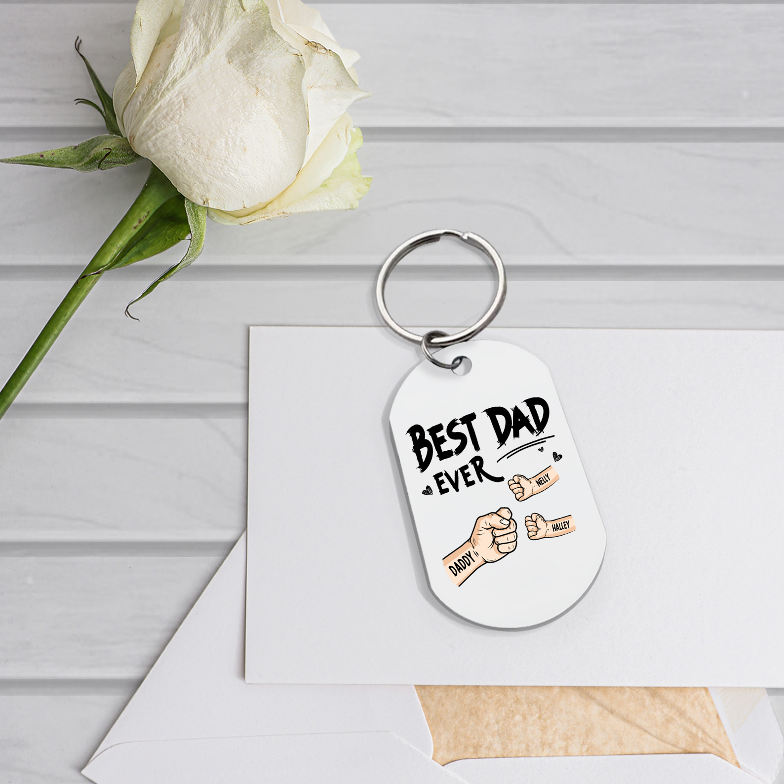 3 Names - Personalized Custom Fist Bump Keychain Gift "Best Dad Ever" Special Keychain Gift for Dad