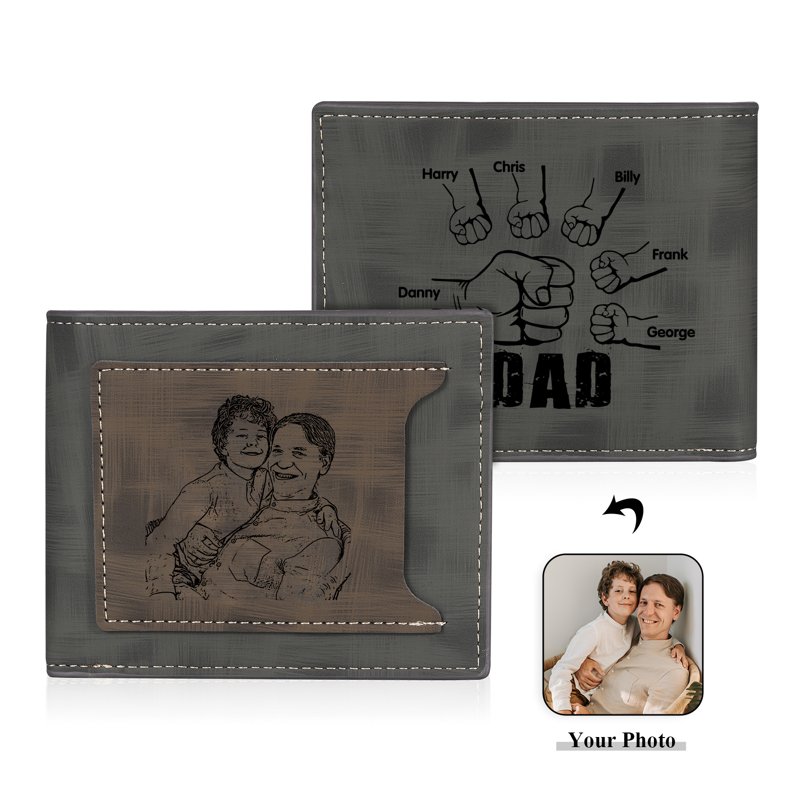 6 Names - Personalised Photo Custom Leather Men's Wallet as a Father's Day Gift for Dad