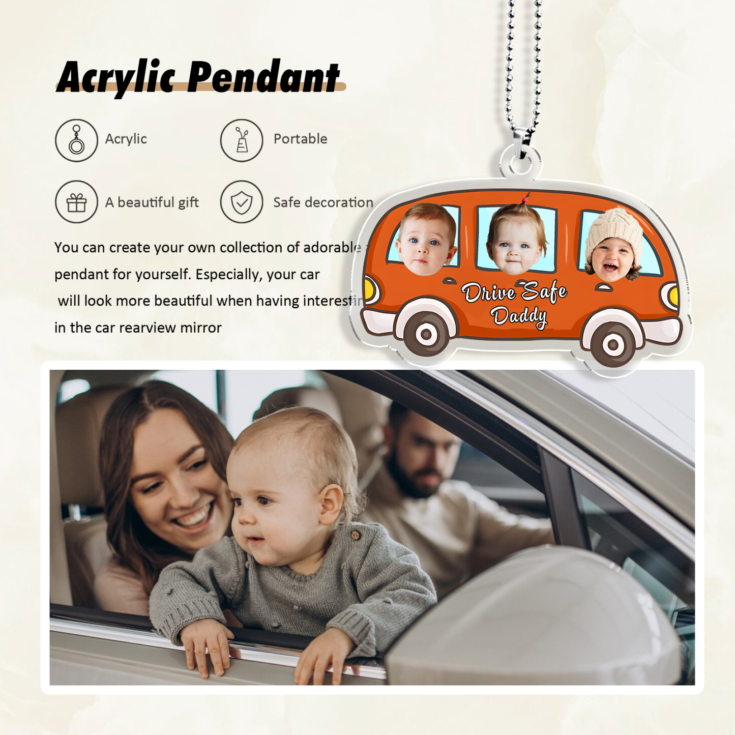 Acrylic Keyring/Decoration Personalised 3 Photos, Name And Text Driving Pattern Pendant For Dad