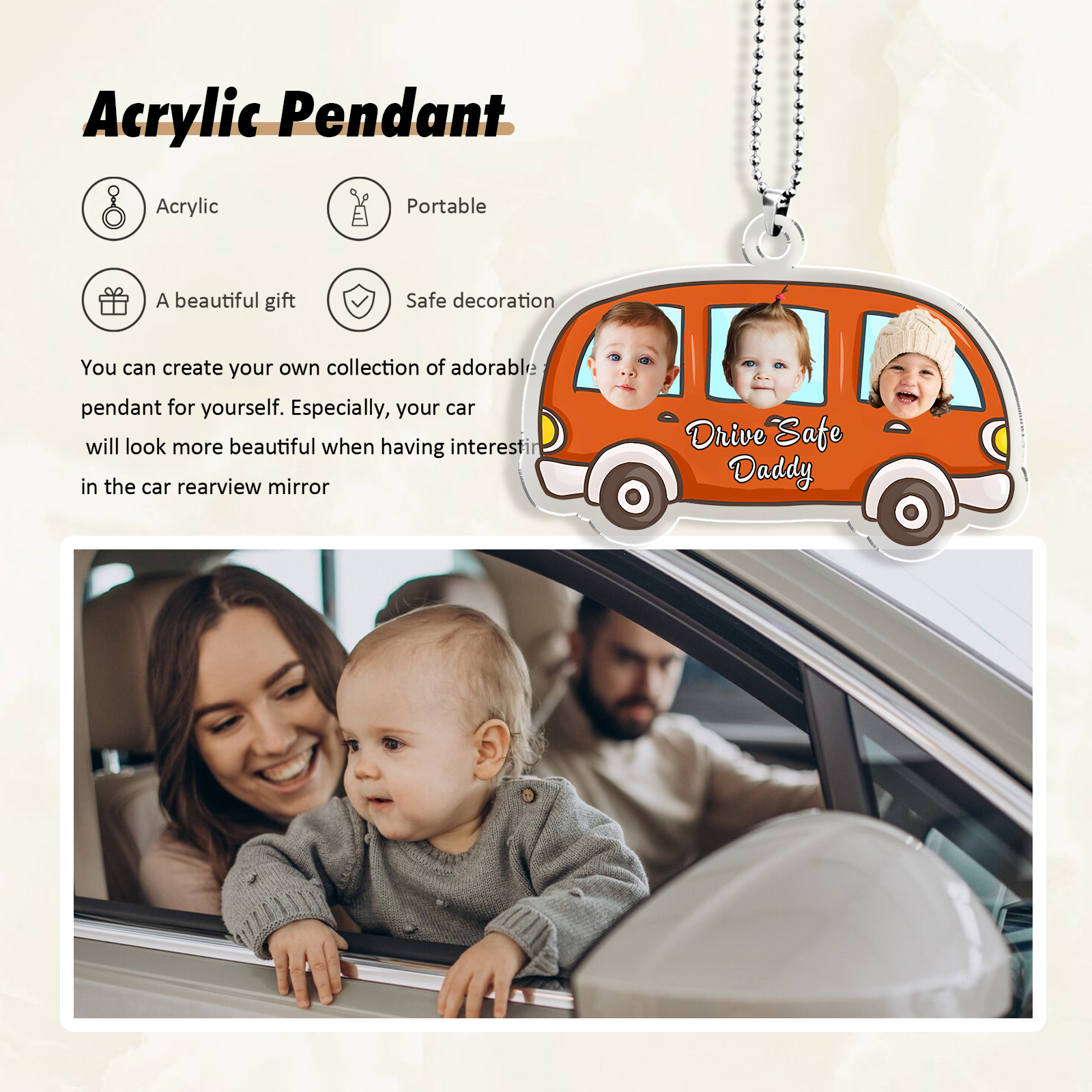 Acrylic Keyring/Decoration Personalised 3 Photos, Name And Text Driving Pattern Pendant For Dad