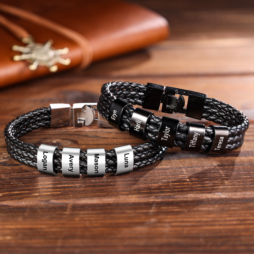 Personalised Braided Leather Bracelet Engraved 5 Names Men's Bracelet Gifts For Him