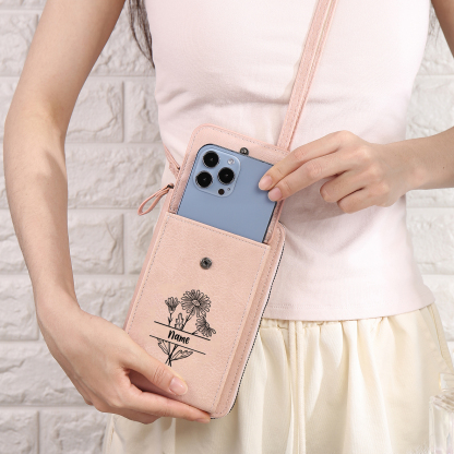Custom Purse-Personalised Women's Leather Wallet Custom Birthflower & Name Mobile Phone Wallet Zipper Crossbody Bag