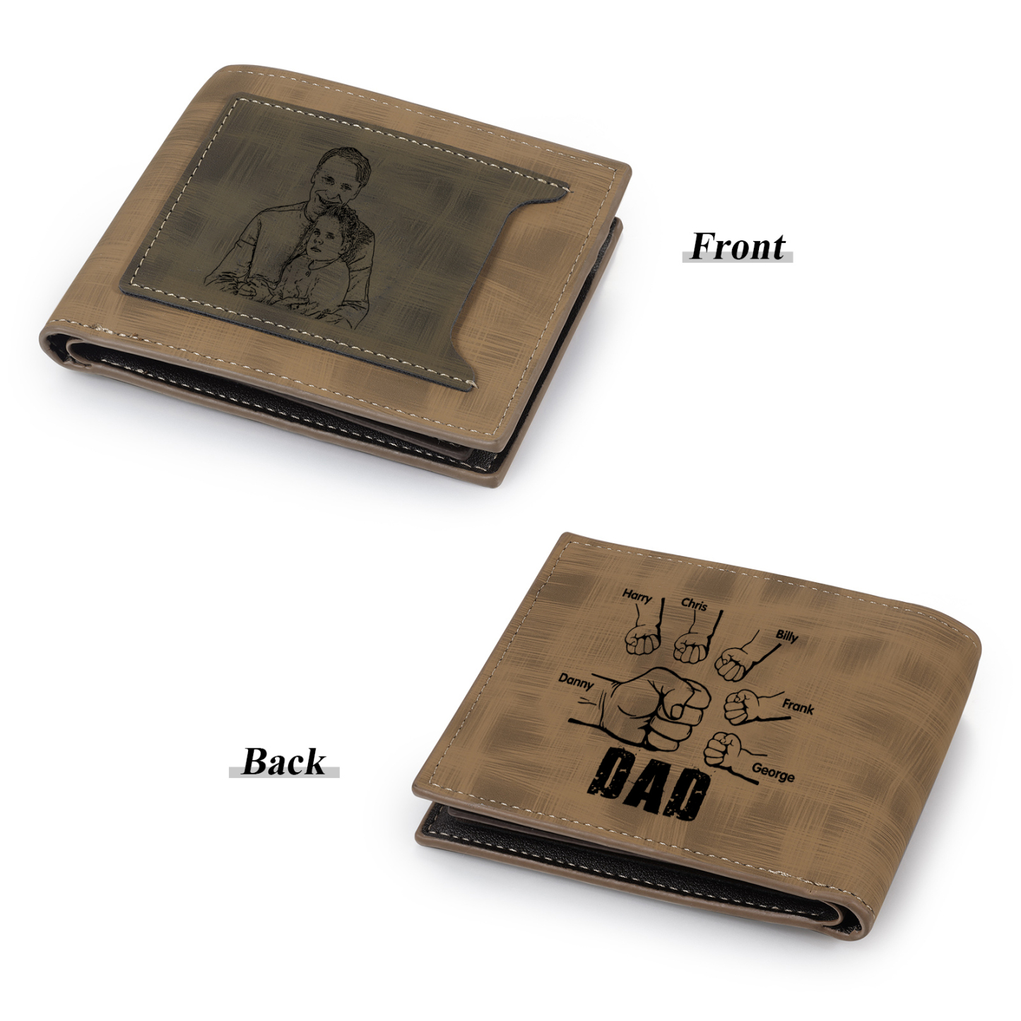 6 Names - Personalised Photo Custom Leather Men's Wallet as a Father's Day Gift for Dad