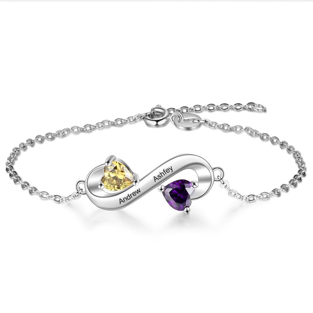 Personalized Infinity Heart Bracelet with 2 Birthstones Engraved 2 Names Bracelet - Valentines Gifts for Her