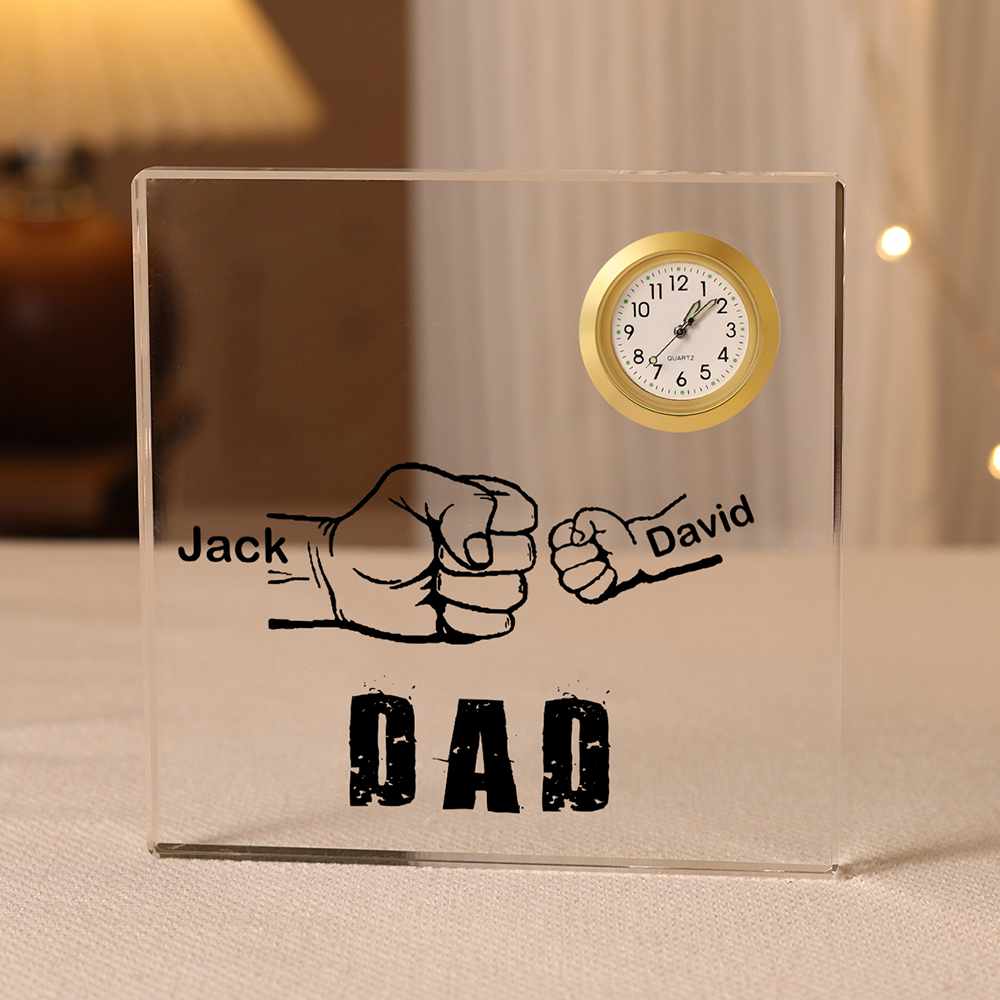 2 Names - Personalised Customized Name and Text Fist Bump Pattern Acrylic Rectangular Clock Ornament Father's Day Gift for Dad