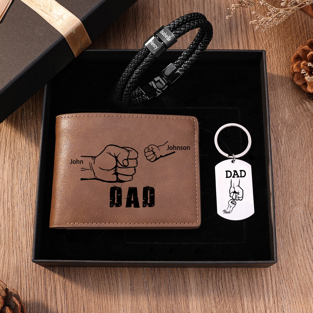 Personalised 2 Names Gift Set Custom Wallet & Bracelet & Keychain Gift Box Set Father’s Day Gifts