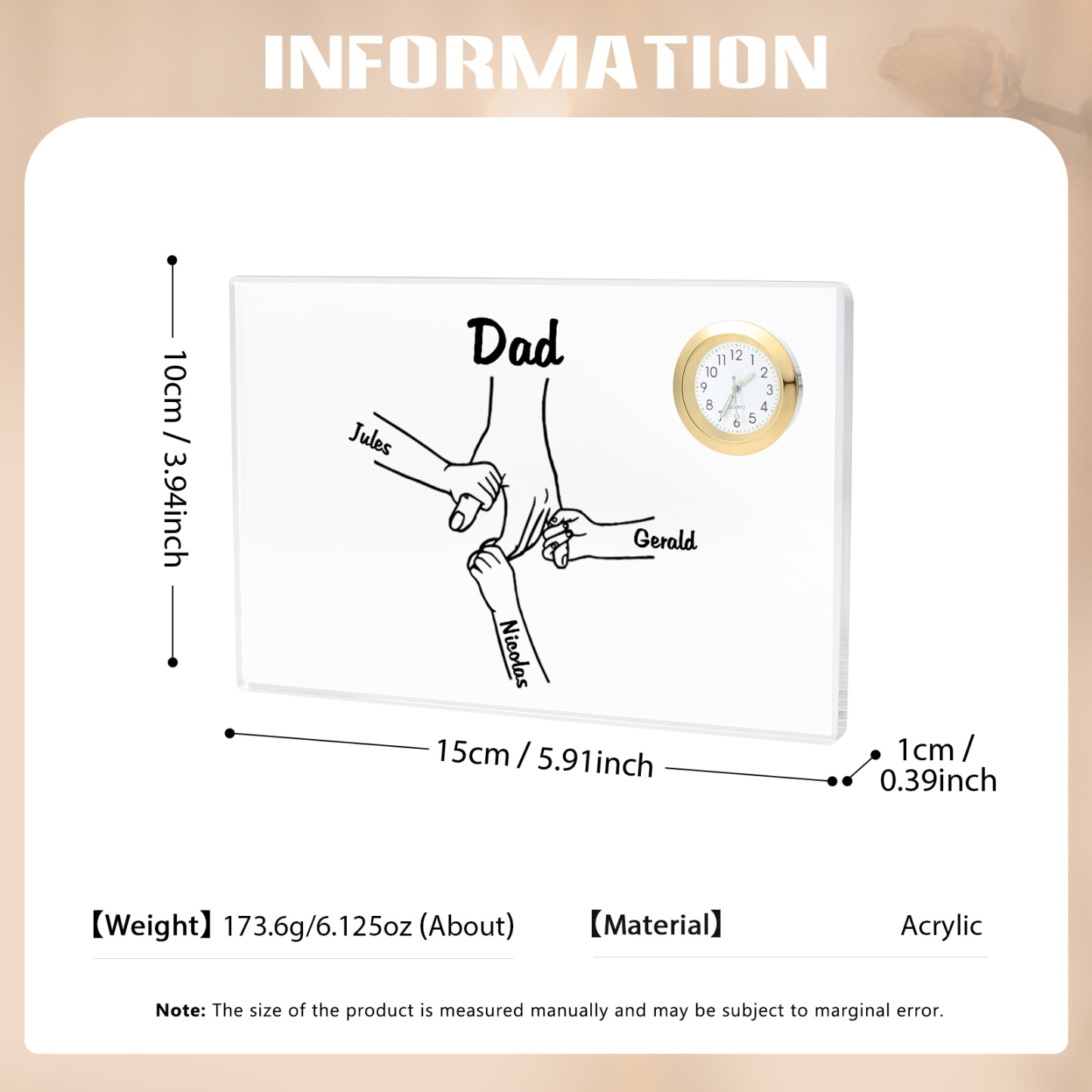 4 Names - Personalised Holding Hands Pattern Custom Name Acrylic Rectangular Clock Ornament Father's Day Gift