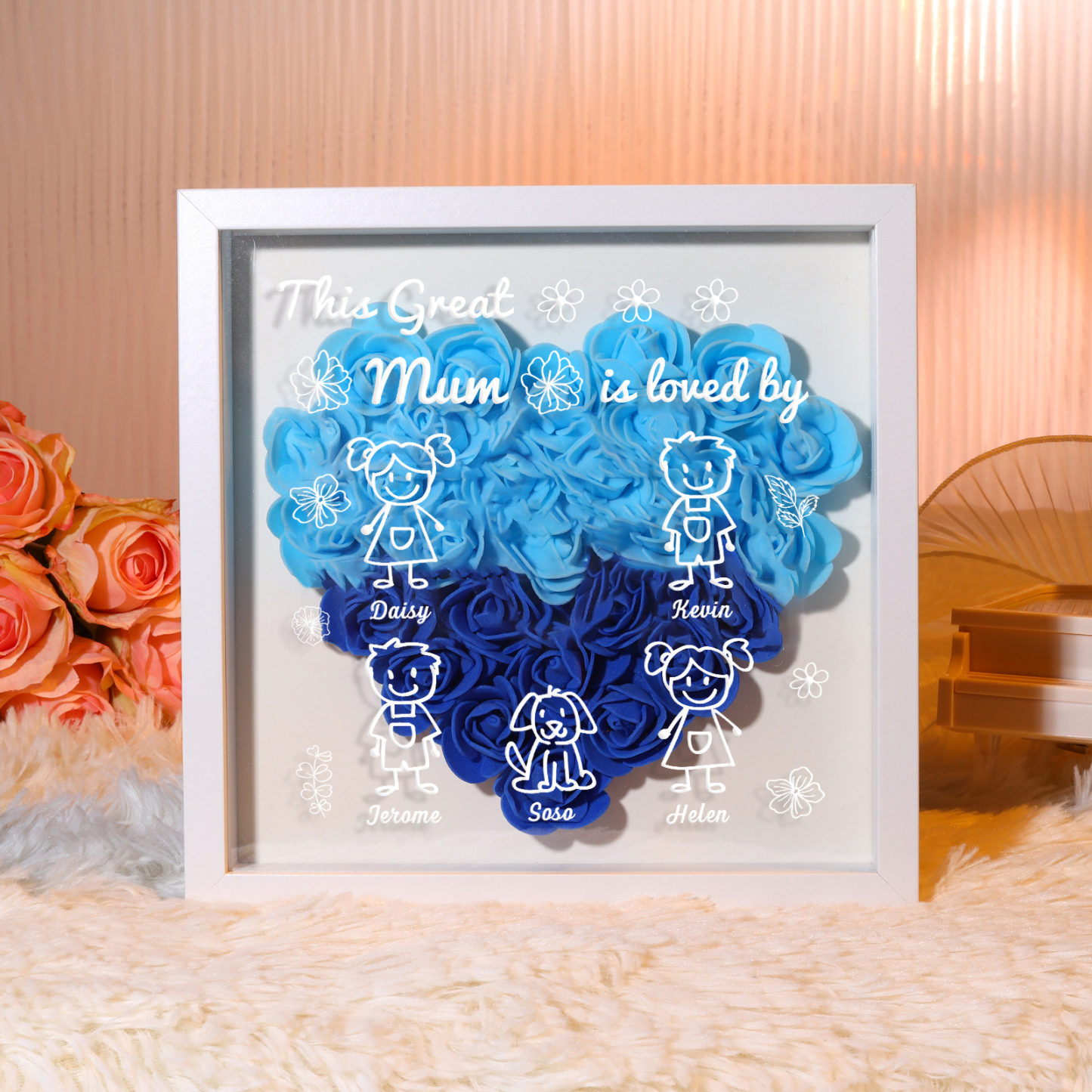 Personalised 3D Floral Shadow Box – Custom 5 Kids&Pets Names –This Great Mum Is Loved By- Gift for Mum, Nan & Loved Ones| Jessemade