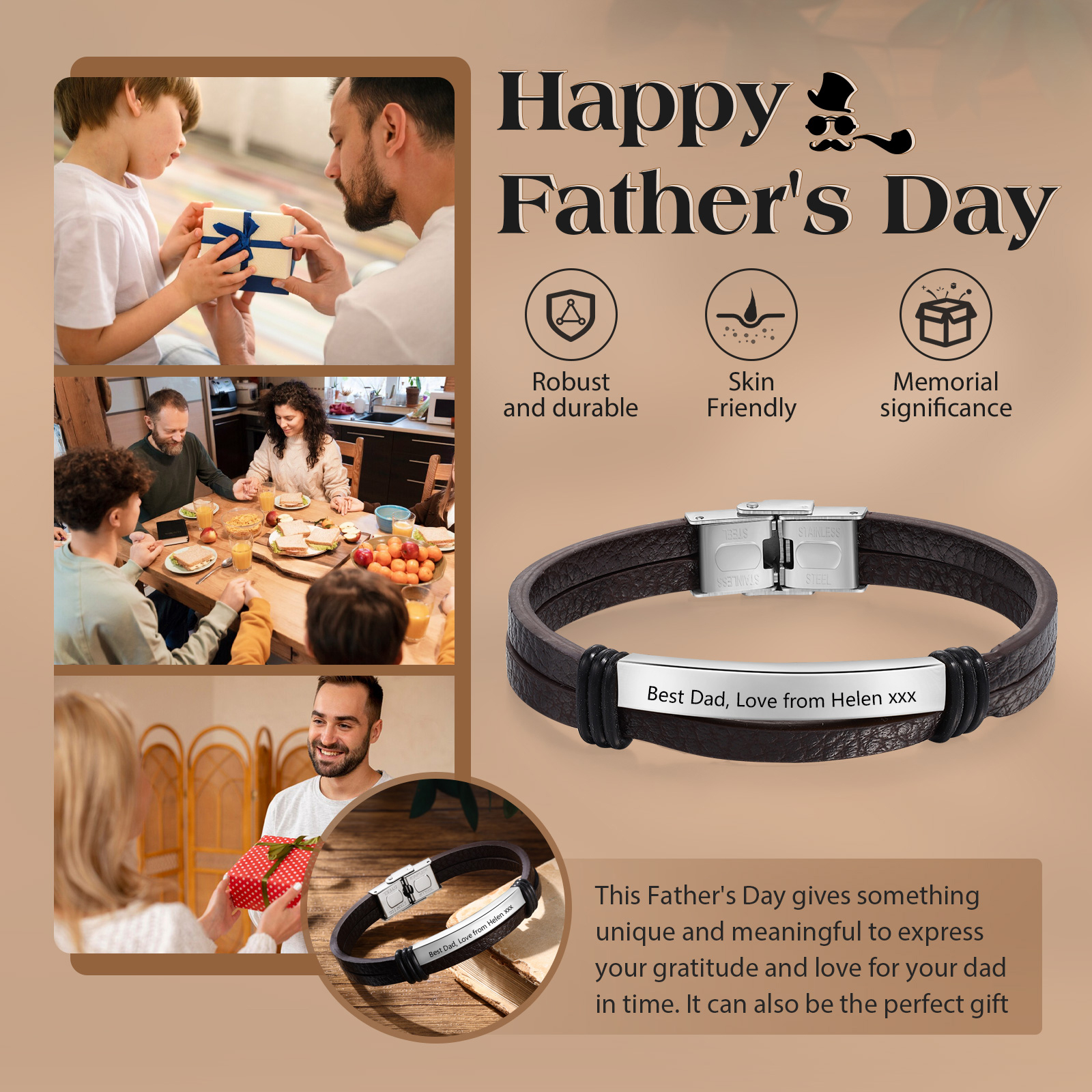 Personalised Text Brown Leather Bracelet Men's Bracelet Father's Day Gift for Dad
