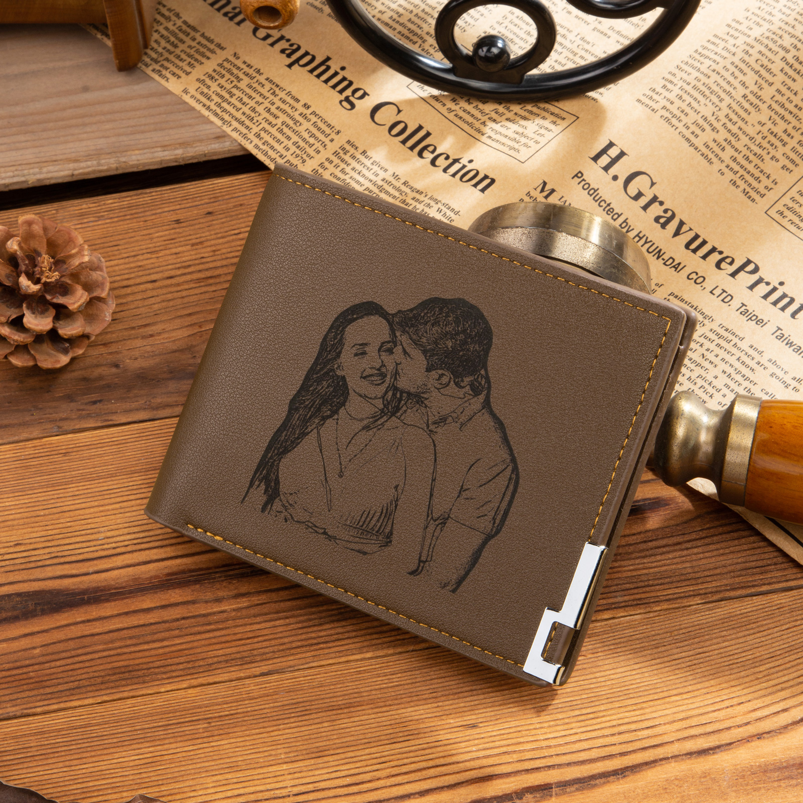 Personalised Leather Wallet Engraved Photo Folding Wallet Short  Love Gifts For Him