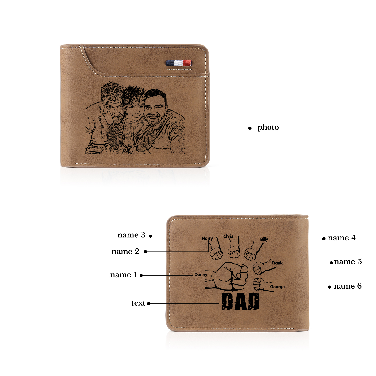 6 Names - Personalised Photo Custom Leather Men's Folding Wallet as a Father's Day Gift for Dad