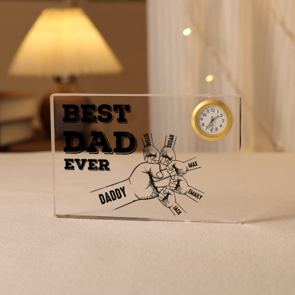 6 Names - Personalised Fist Bump Pattern Custom Name Acrylic Rectangular Clock Ornament Father's Day Gift