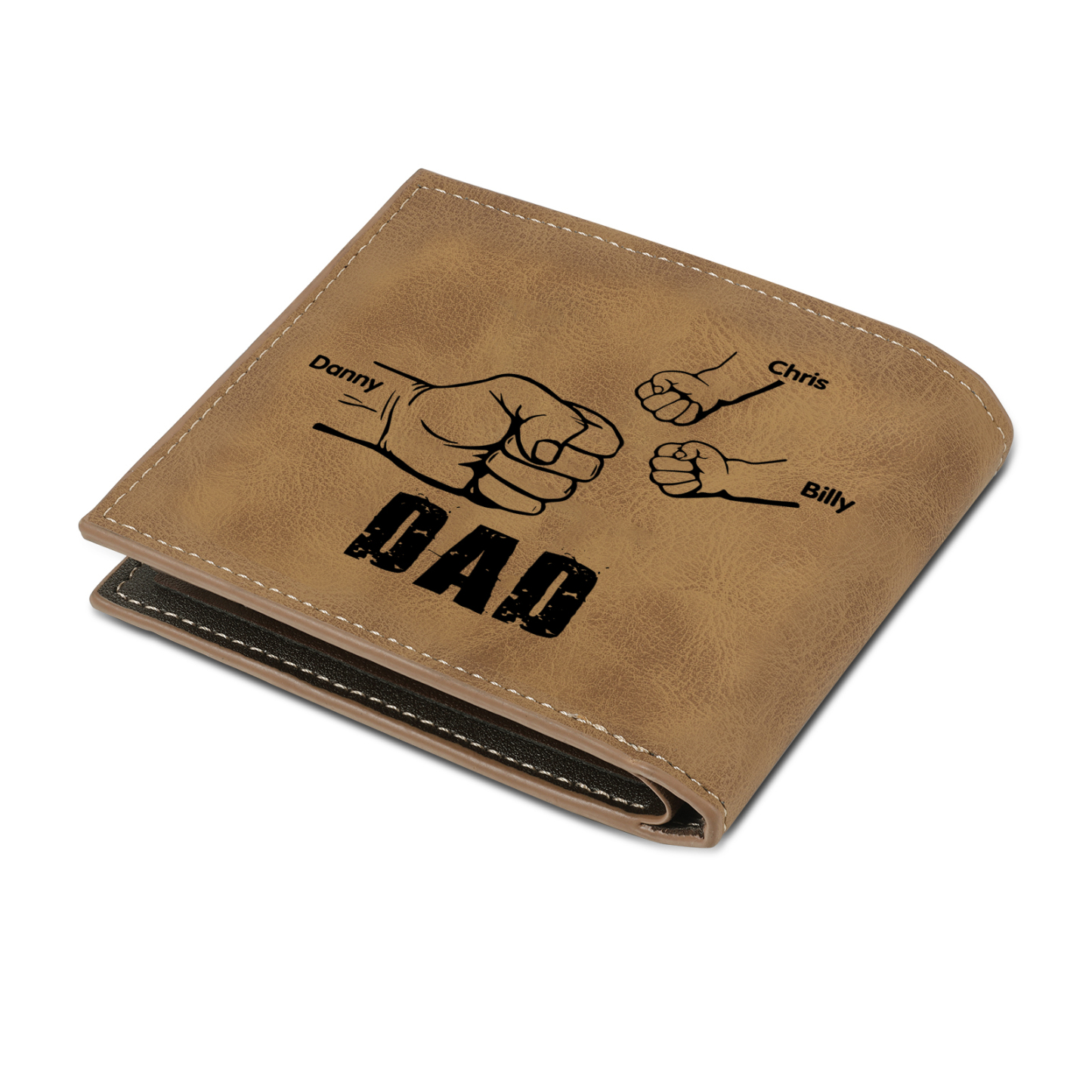 3 Names - Personalised Fist Bump Photo Custom Leather Men's Wallet as a Father's Day Gift for Dad