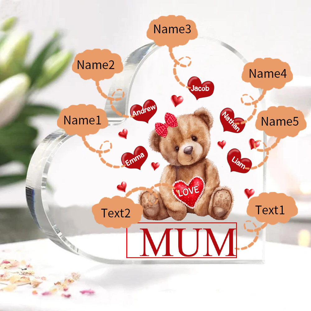5 Names-Personalised Mum Acrylic Heart Keepsake Custom Text Love Teddy Bear Ornaments Gifts Set With Gift Box for Grandma/Mother