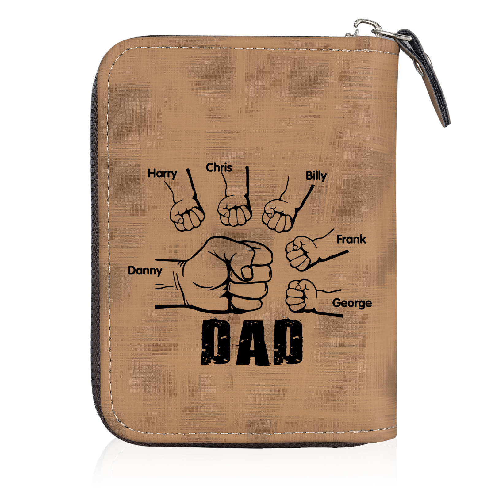 6 Names - Personalised Fist Bump Fist Bump Photo Custom Leather Men's Zipper Wallet as a Father's Day Gift for Dad