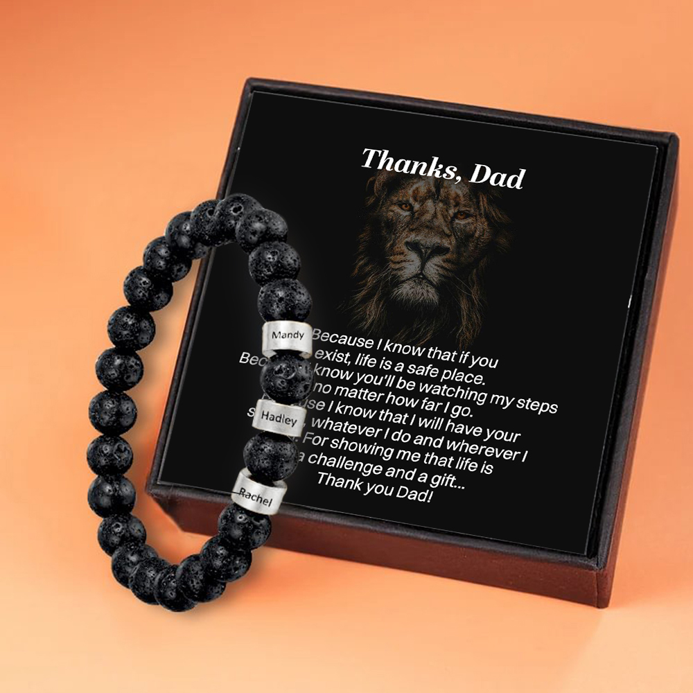3 Names Black Lava Beads Bracelet Men's Bracelet with Lion Card Custom Gift for Dad
