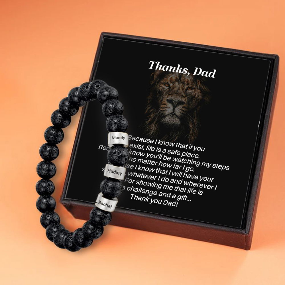 3 Names Black Lava Beads Bracelet Men's Bracelet with Lion Card Custom Gift for Dad