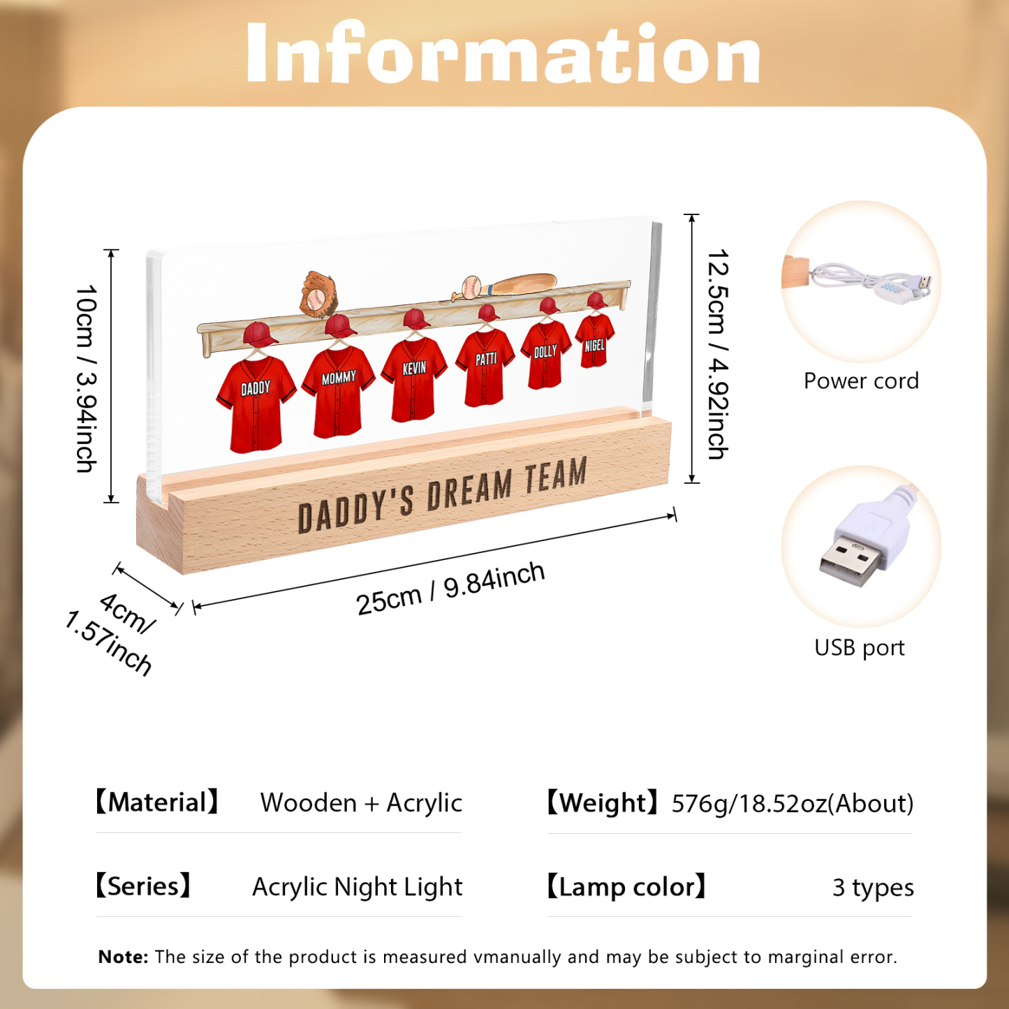 6 Names - Personalised Baseball Jersey Desk Lamp - Dad's Dream Team - Father's Day Gift for Dad