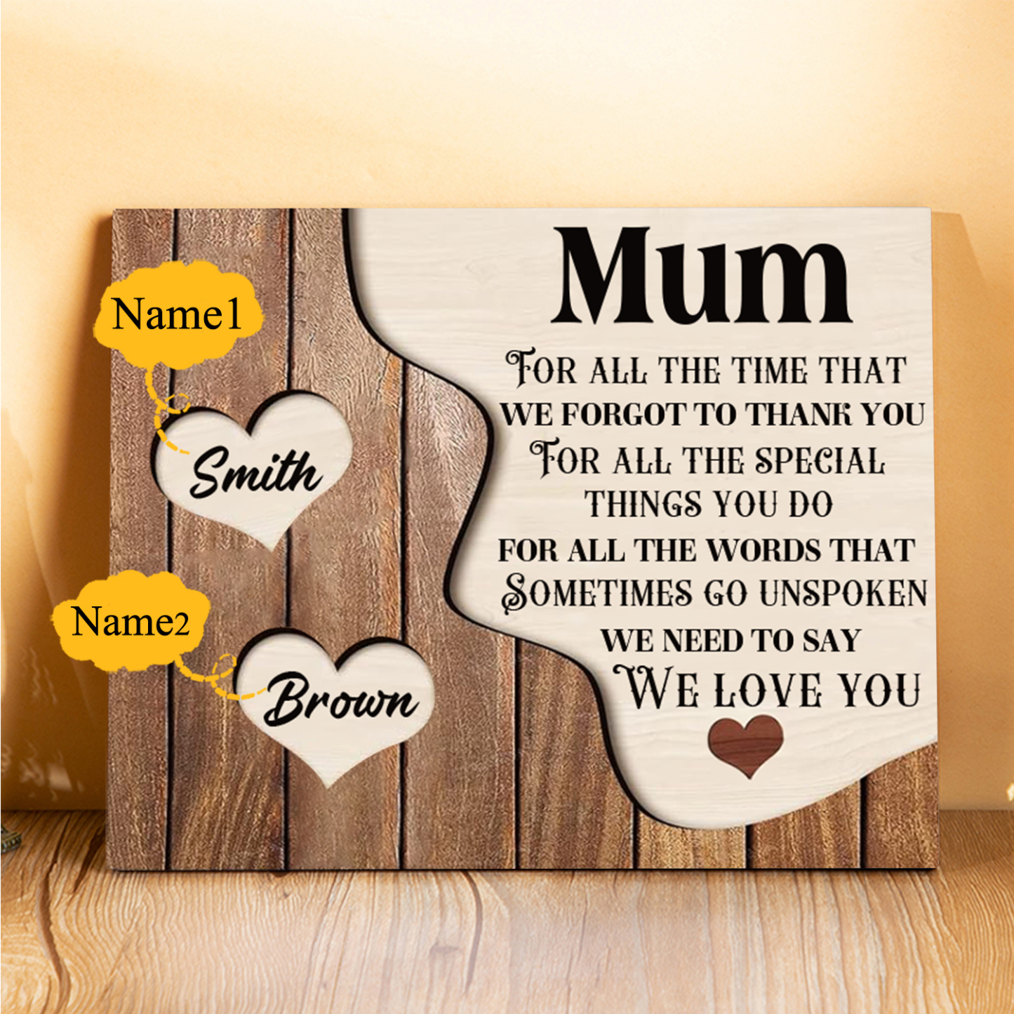 2 Names-Personalised Mum Wooden Frame Custom Names Home Decoration - Mother's Day Gifts for Mum