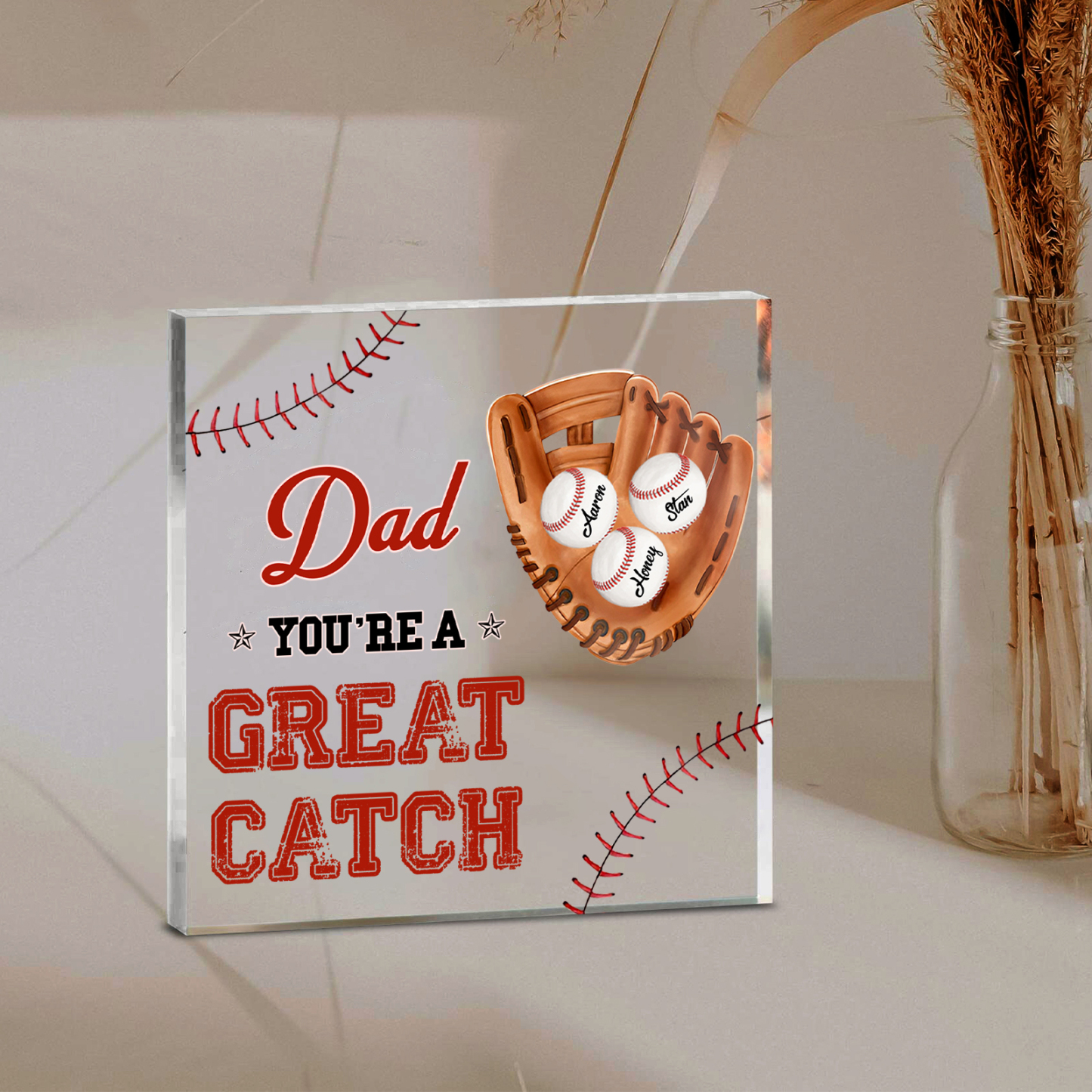 3 Names - Personalised Baseball Acrylic Keepsake Customized Name and Text Acrylic Plaque Ornament Father's Day Gift for Dad