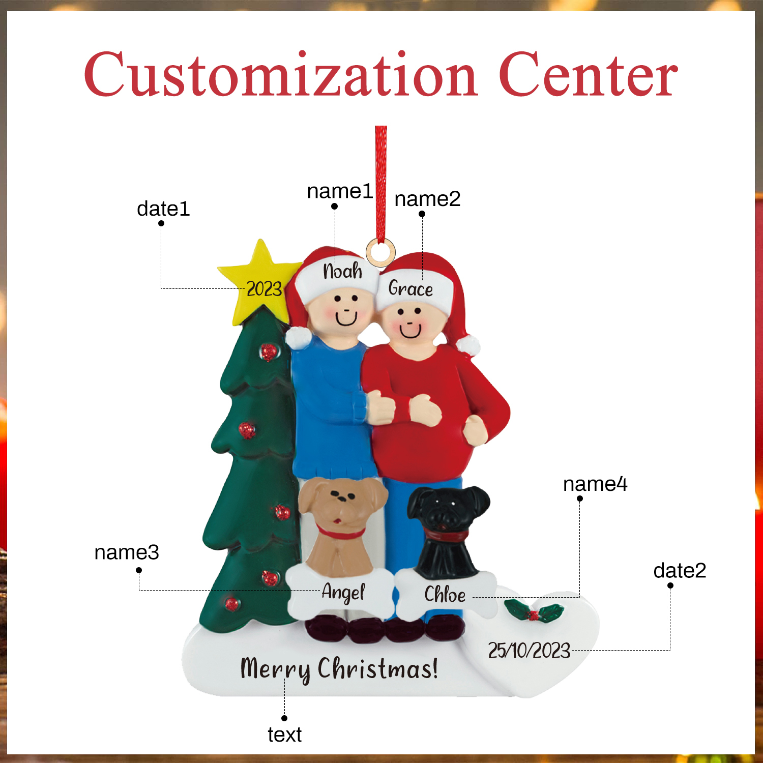 4 Names-Personalised Family Wooden Christmas Xmas Tree Decoration Ornament-Custom 4 Names And Dates Hanging Ornament Gifts For Family