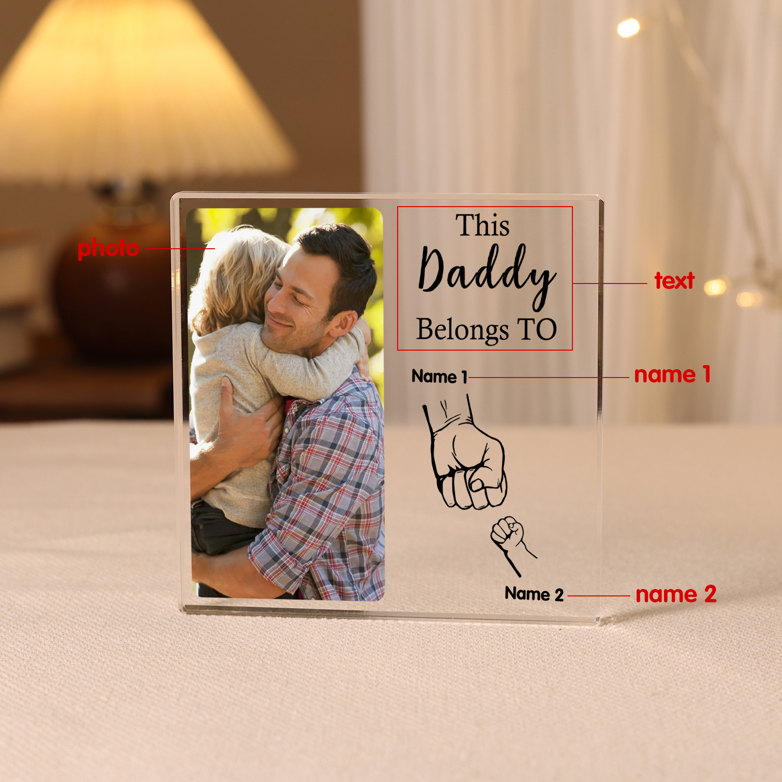 2 Names-Personalised Dad Photo Fist Acrylic Keepsake-Custom Text, Photo, and Names-Acrylic Plaque Home Decoration Gift for Dad/Grandad