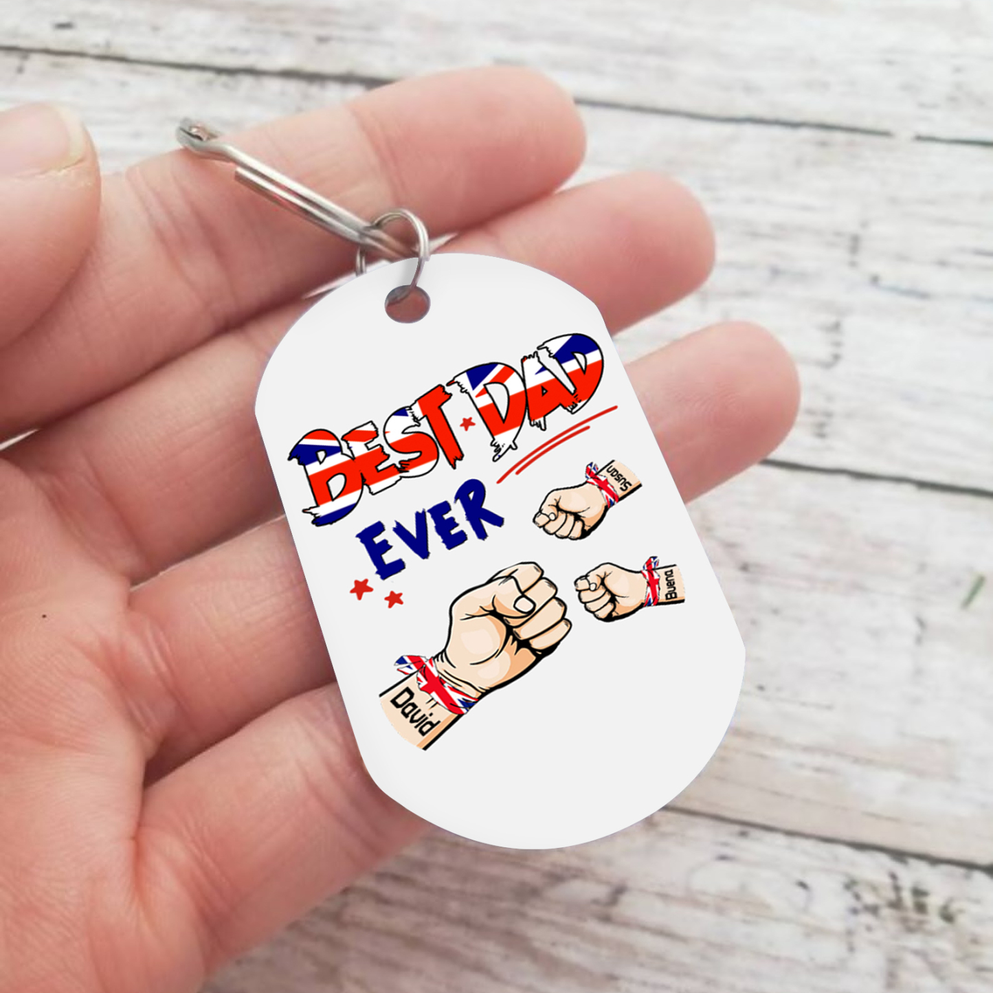 3 Names - Personalised Fist Bump Pattern Keyring Custom Name Gift for Dad
