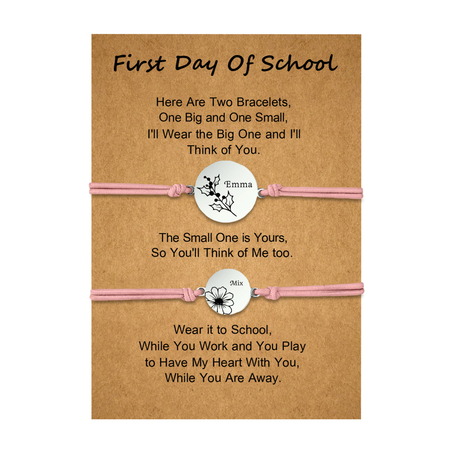 2 PCS Personalized 2 Birthflowers & 2 Names Elastic Stainless Steel Bracelet First Day of School Gift for Daughter