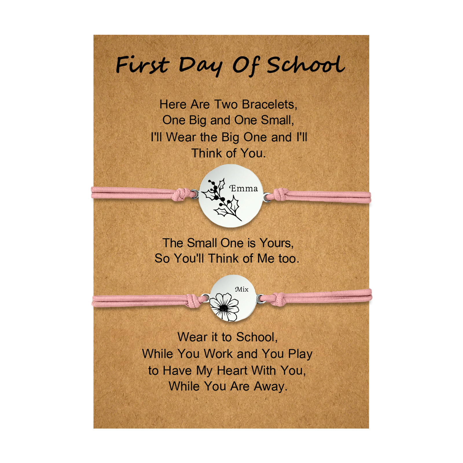 2 PCS Personalized 2 Birthflowers & 2 Names Elastic Stainless Steel Bracelet First Day of School Gift for Daughter