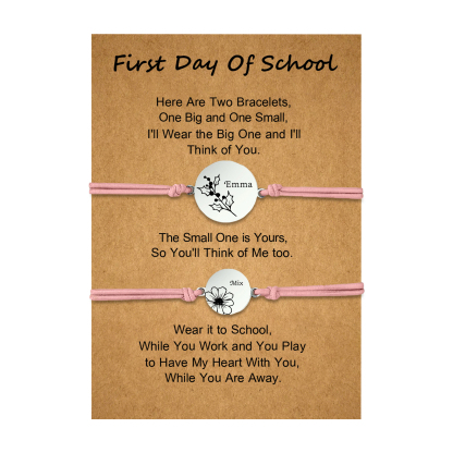 2 PCS Personalized 2 Birthflowers & 2 Names Elastic Stainless Steel Bracelet First Day of School Gift for Daughter