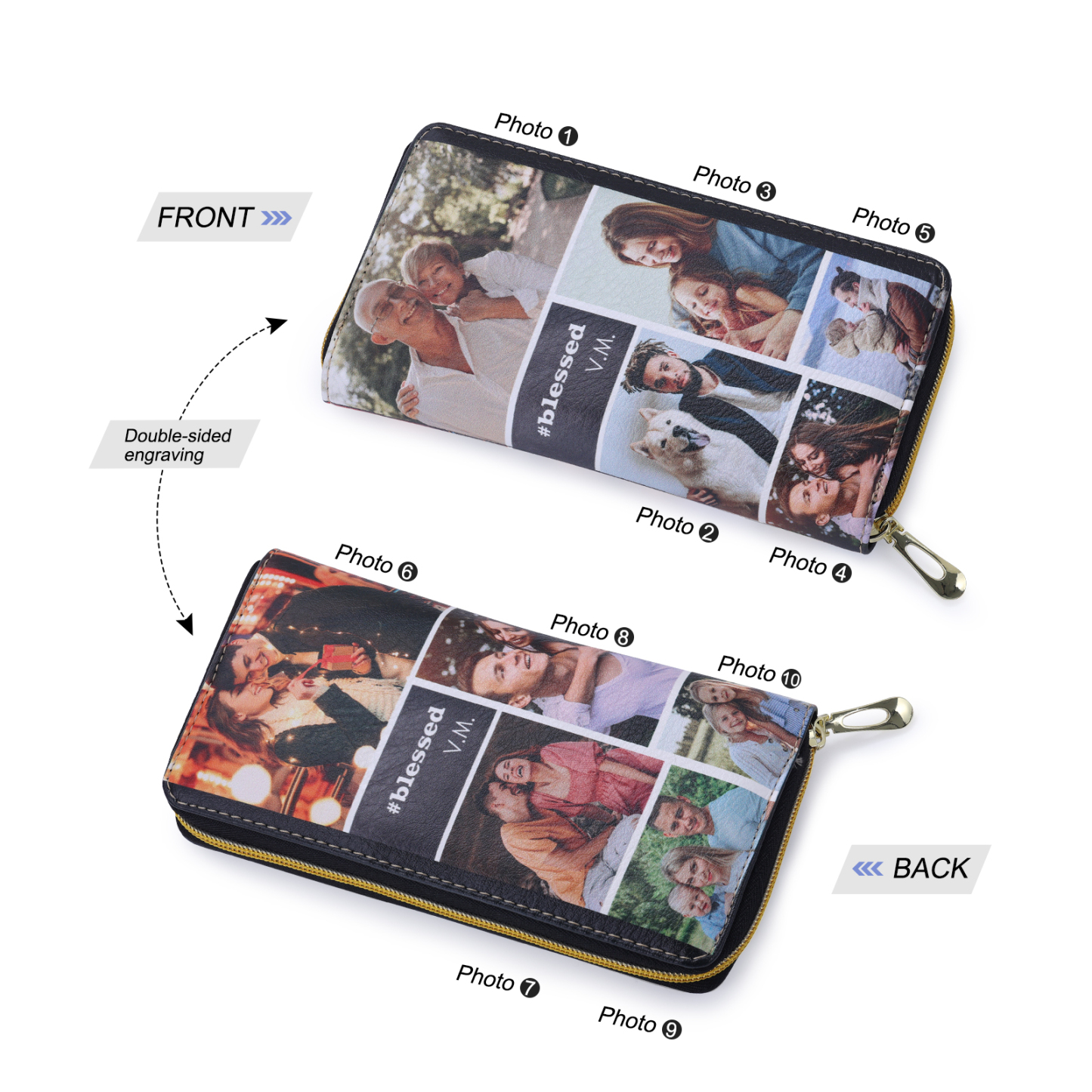 Custom Purse-Long Purse Personalised Leather Wallet Engraved 10 Photos Zip Wallet Gifts For Women Men