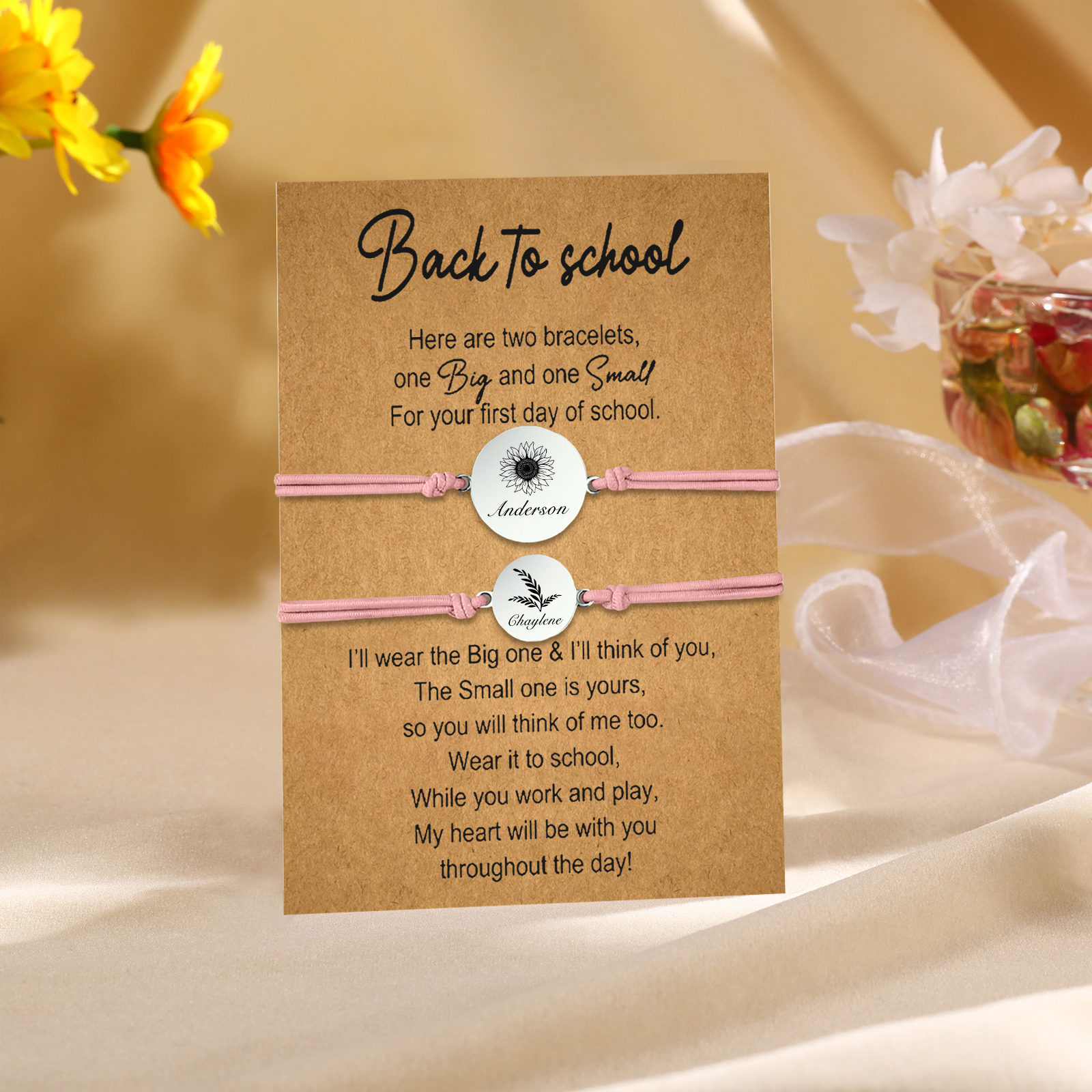 2 PCS Customized 2 Names Dandelion Pattern Elastic Stainless Steel Bracelet, A Back-To-School Gift For Daughter