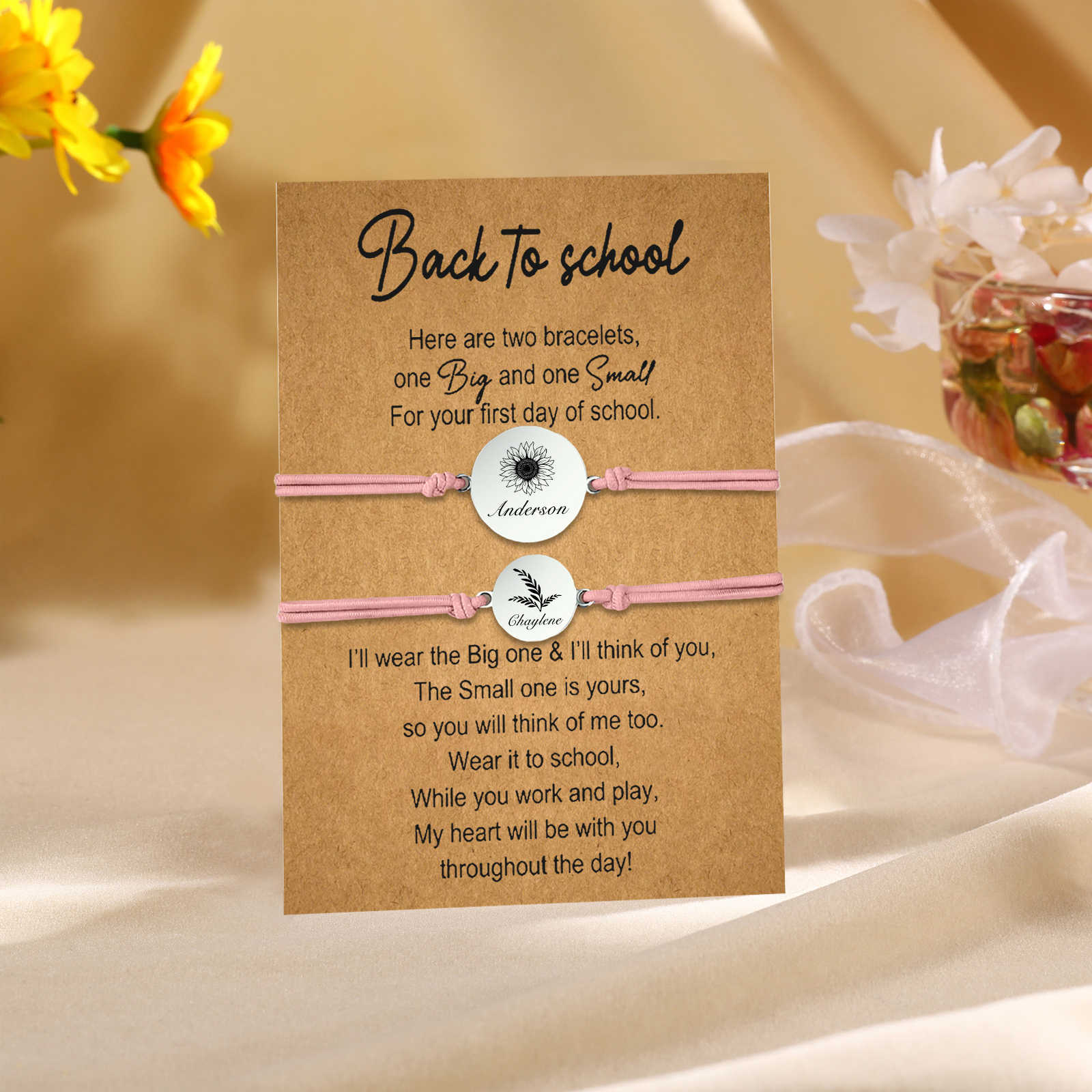 2 PCS Customized 2 Names Dandelion Pattern Elastic Stainless Steel Bracelet, A Back-To-School Gift For Daughter