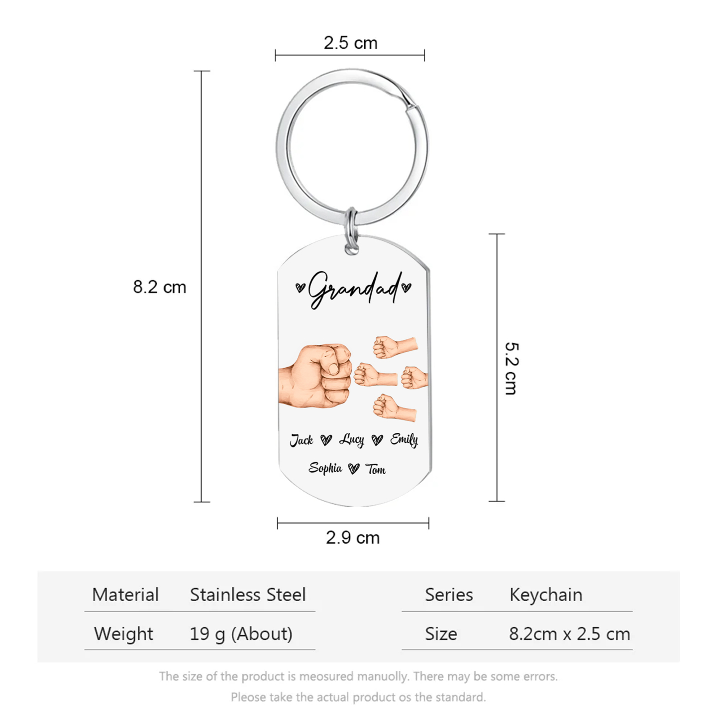 5 Names - Personalised Custom Fist Bump Keyring Gift Custom Name for Dad