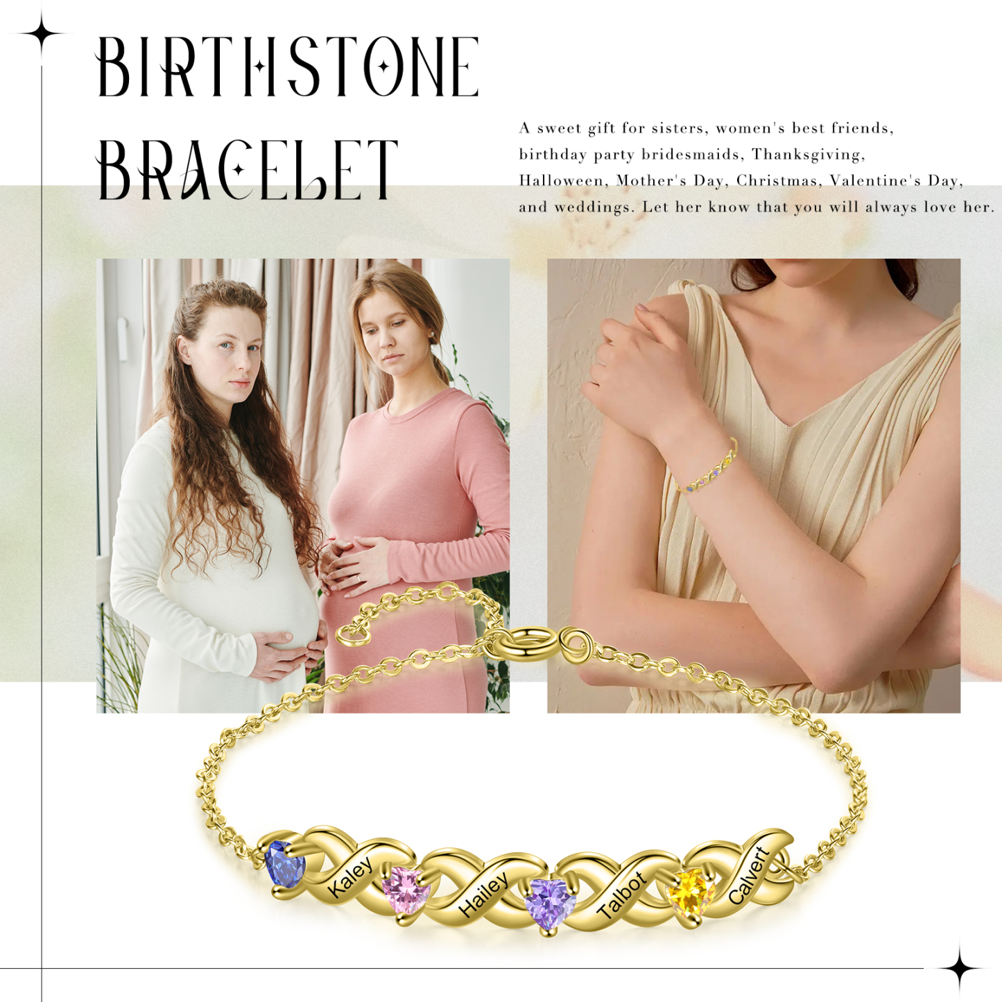 Personalised Bracelet With 4 Heart Birthstones Engraved Names Bracelet Gift For Women