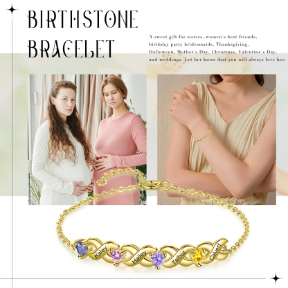 Personalised Bracelet With 4 Heart Birthstones Engraved Names Bracelet Gift For Women