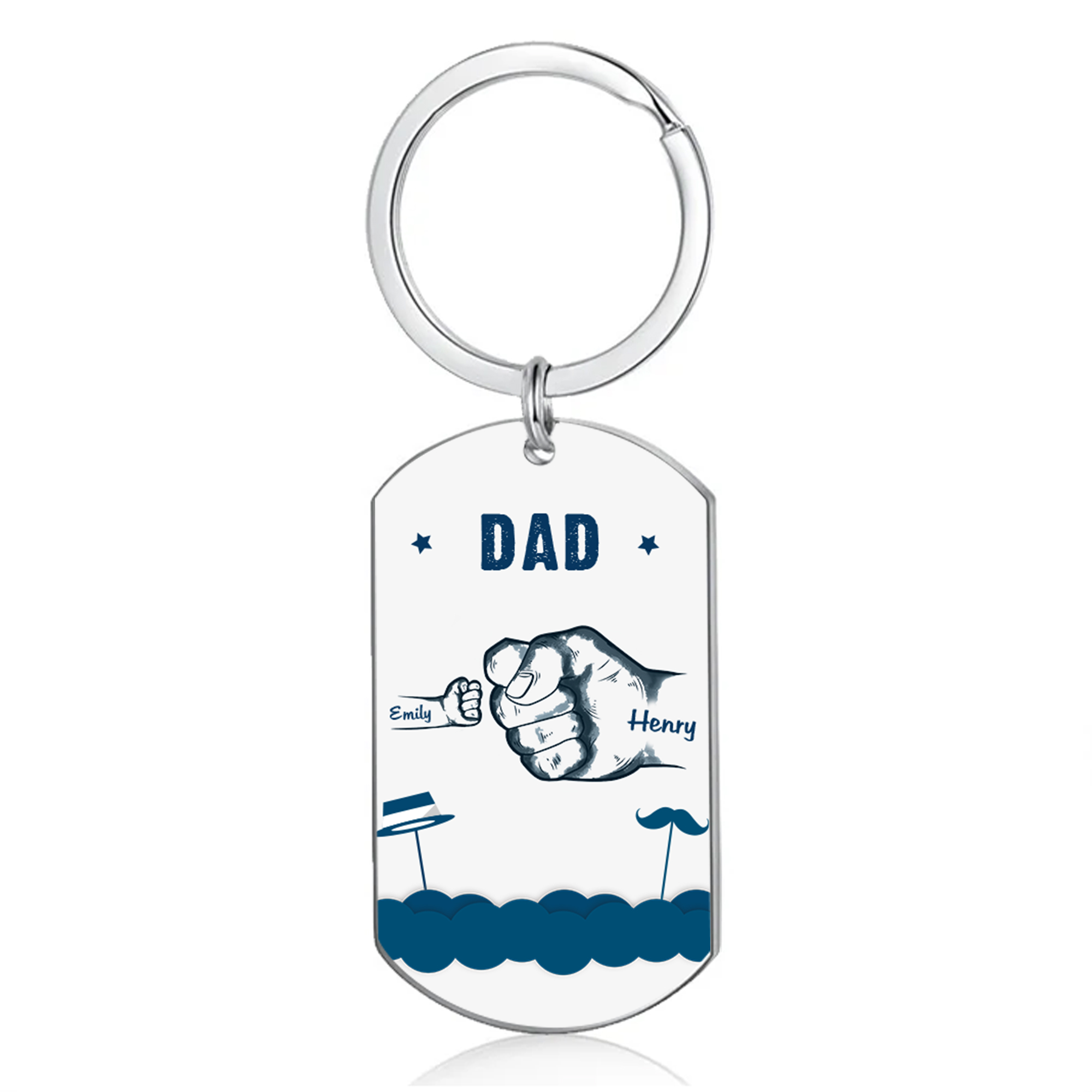2 Names - Personalised Custom Fist Bump Keyring Hat and Beard Style Keyring Gift for Dad