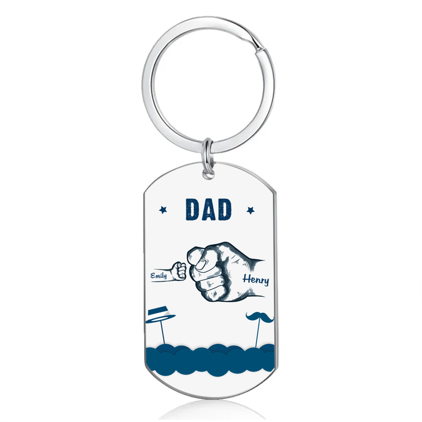 2 Names - Personalised Custom Fist Bump Keyring Hat and Beard Style Keyring Gift for Dad