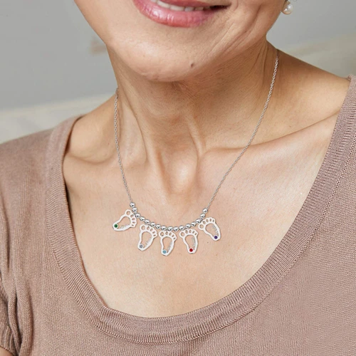 Personalised Baby Foot Necklace With 5 Birthstones Engraved Names Gift For Mother