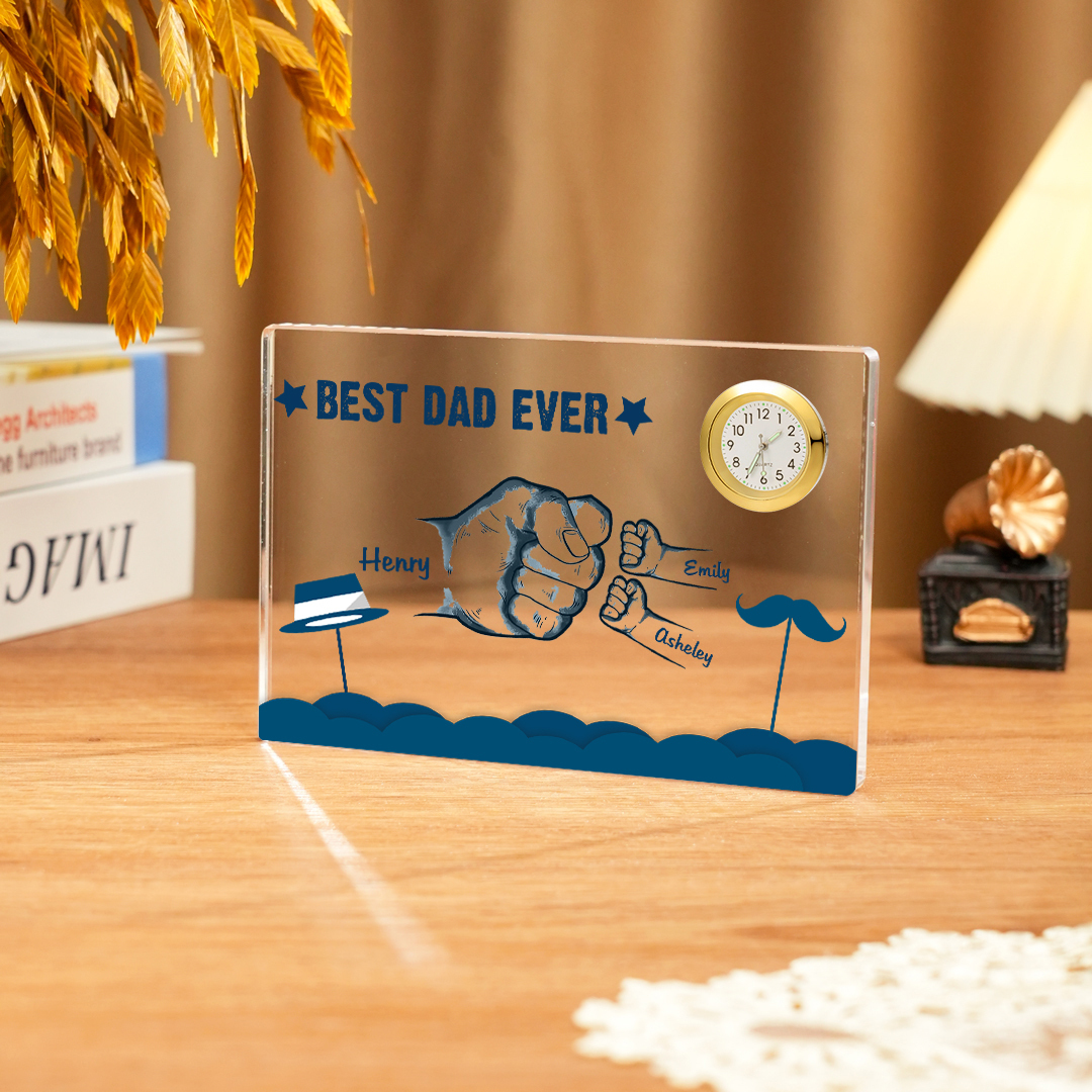 3 Names - Personalised Fist Bump Custom Name Acrylic Clock Ornament Father's Day Gift for Dad