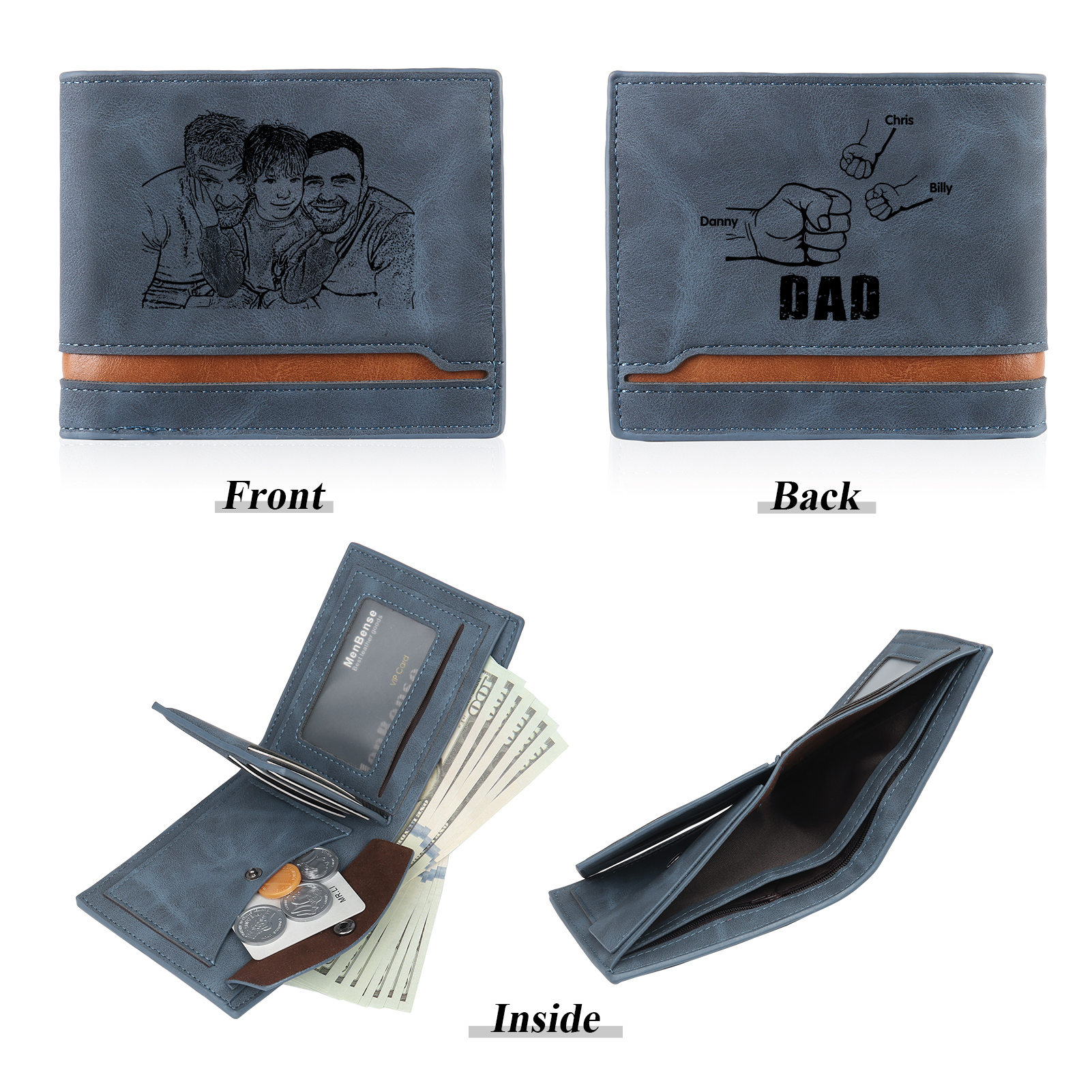 3 Names - Personalised Photo Custom Leather Men's Folding Wallet as a Father's Day Gift for Dad