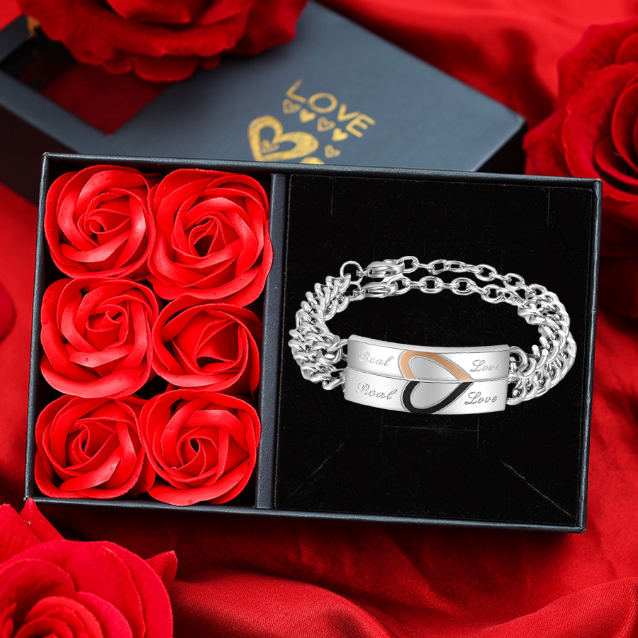 Personalised Text Couple Bracelets Set with Rose Box for Women Men Jewelry Matching Set