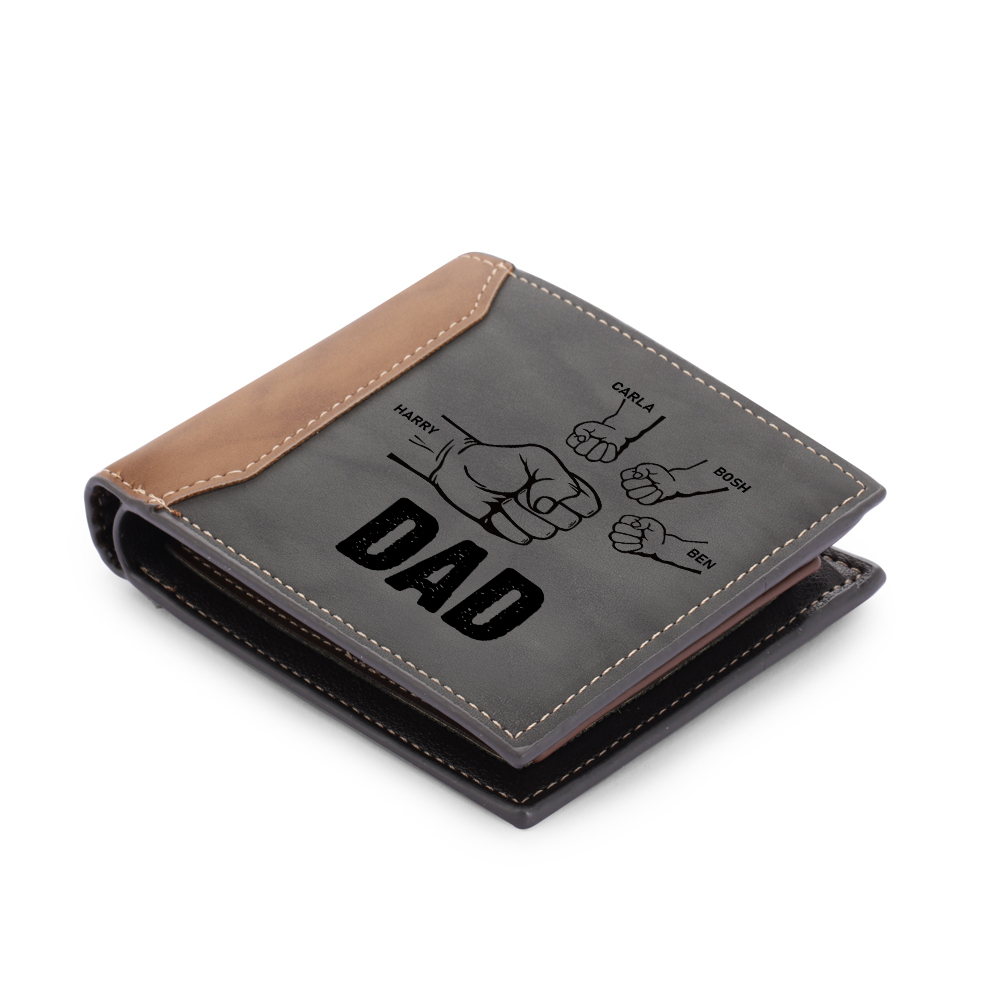 4 Names - Personalised Fist Bump Photo Custom Leather Men's Wallet With Gift Box as a Father's Day Gift for Dad