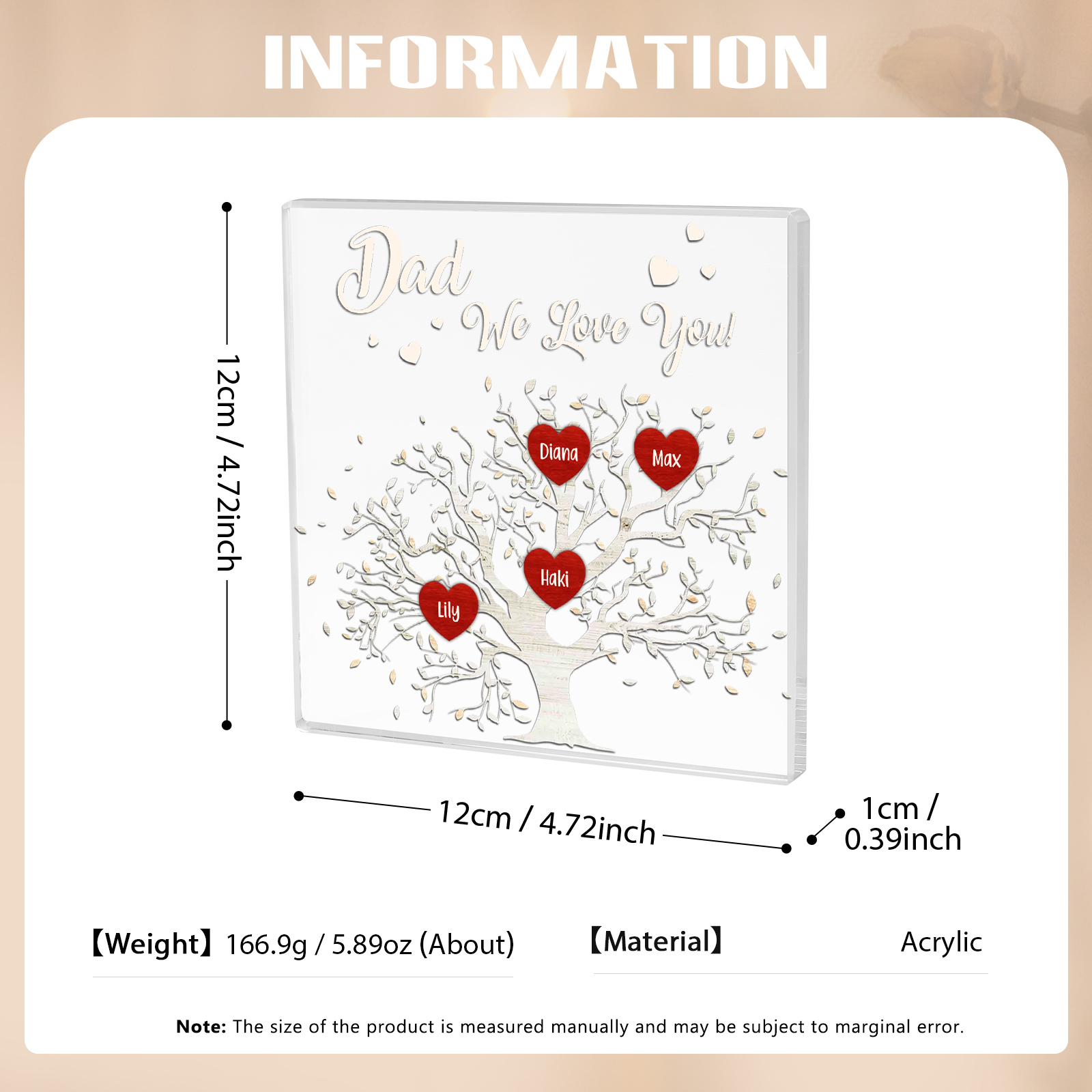 4 Names-Personalised Acrylic Family Tree Keepsake-Custom Text and Names-Acrylic Plaque Home Decoration Gift for Dad/Grandad