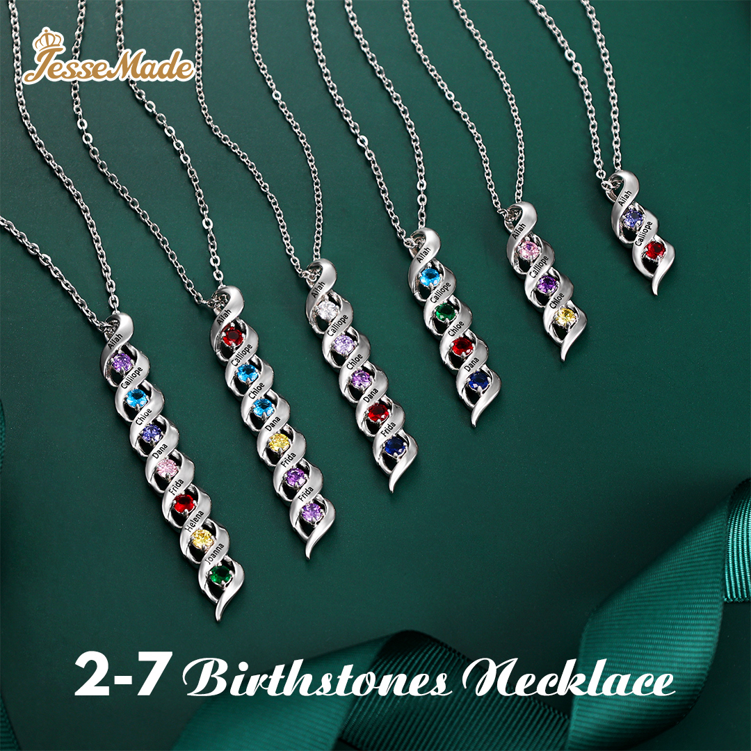 3 Names-Personalised Necklace Cascading Pendant with 3 Birthstones Engraving 3 Names Gifts for Her