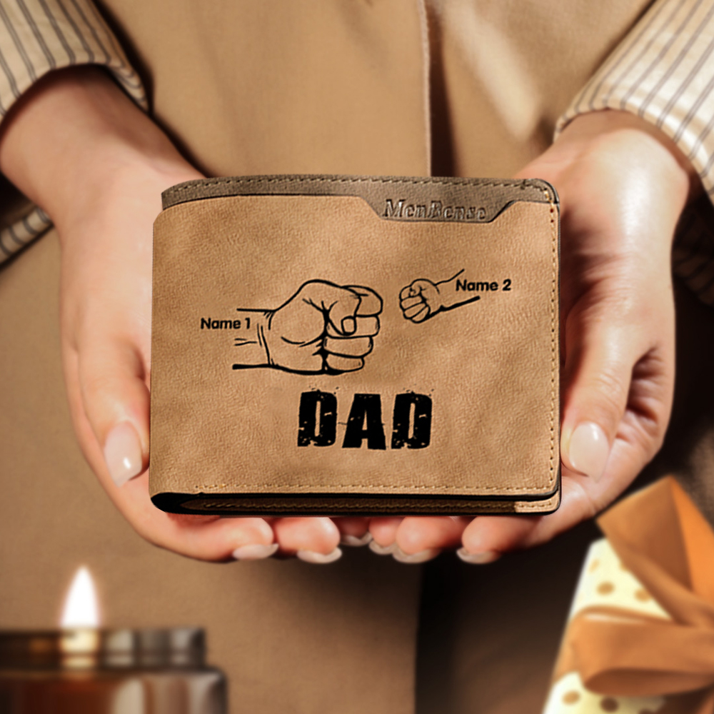 2 Names - Personalized Leather Men's Wallet Custom Photo Fist Fold Wallet With Gift Box for Dad