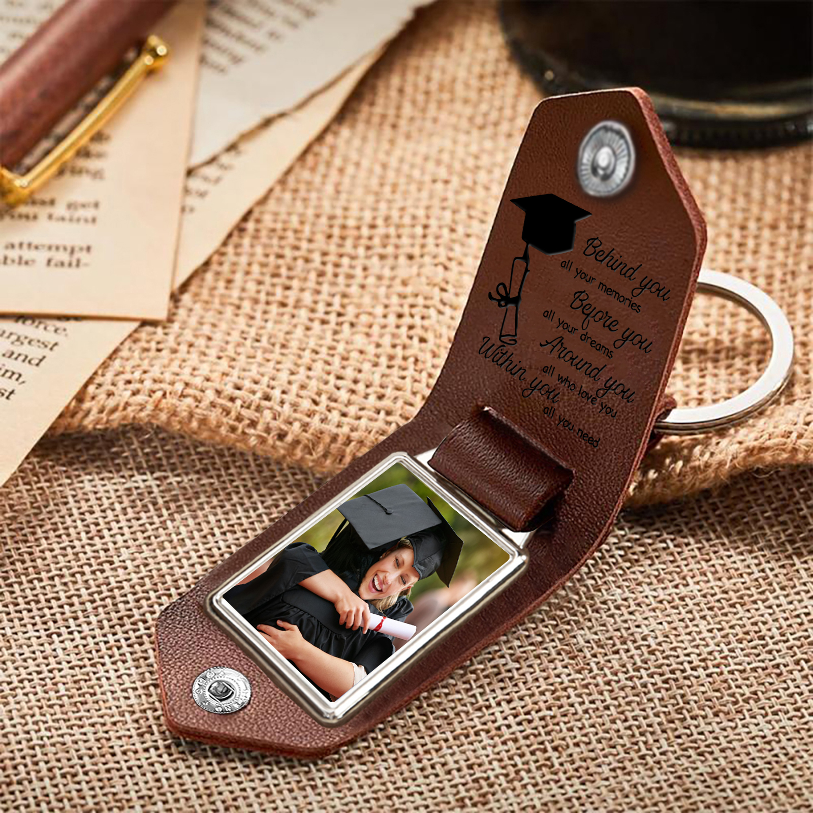 2024 Graduation Gifts - Personalised Name Flip Leather Keyring Customized Photo Keyring Gift for Her/Him