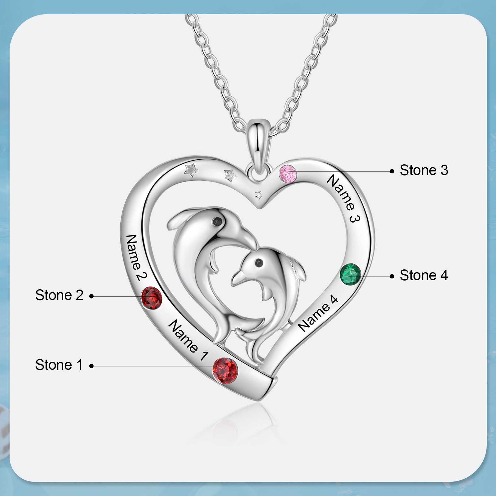 4 Names - Personalised Beautiful Dolphin Heart Necklace with Customized Name and Birthstone Gift for Her