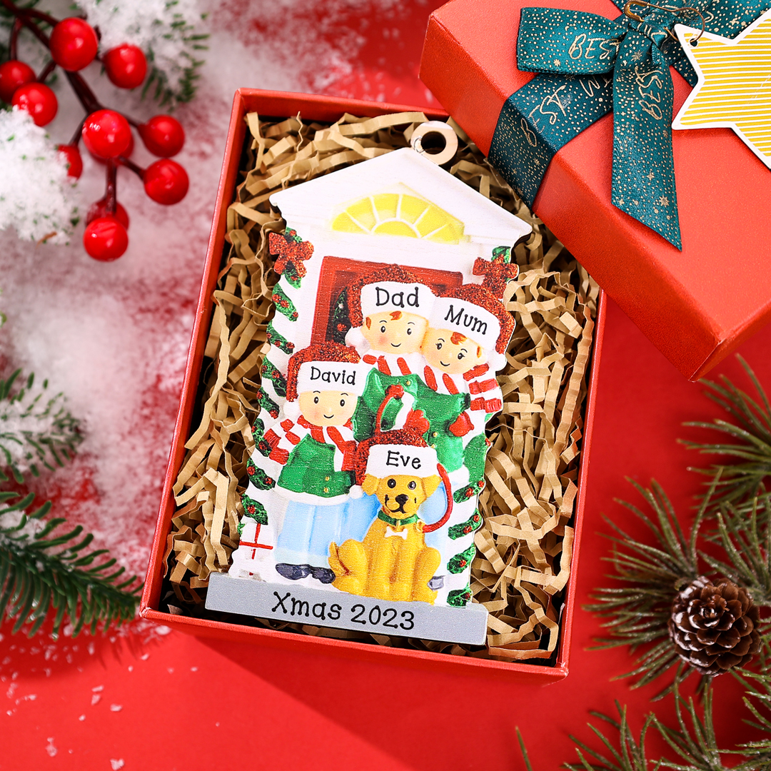 3 Names+Dog Name-Personalised Family Christmas Xmas Tree Decoration Hanging Wooden Ornament with Name-Family with Dog